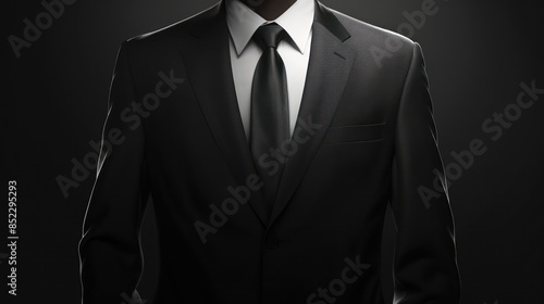 A faceless man wearing a black suit, white shirt, and tie stands against a dark, moody backdrop
