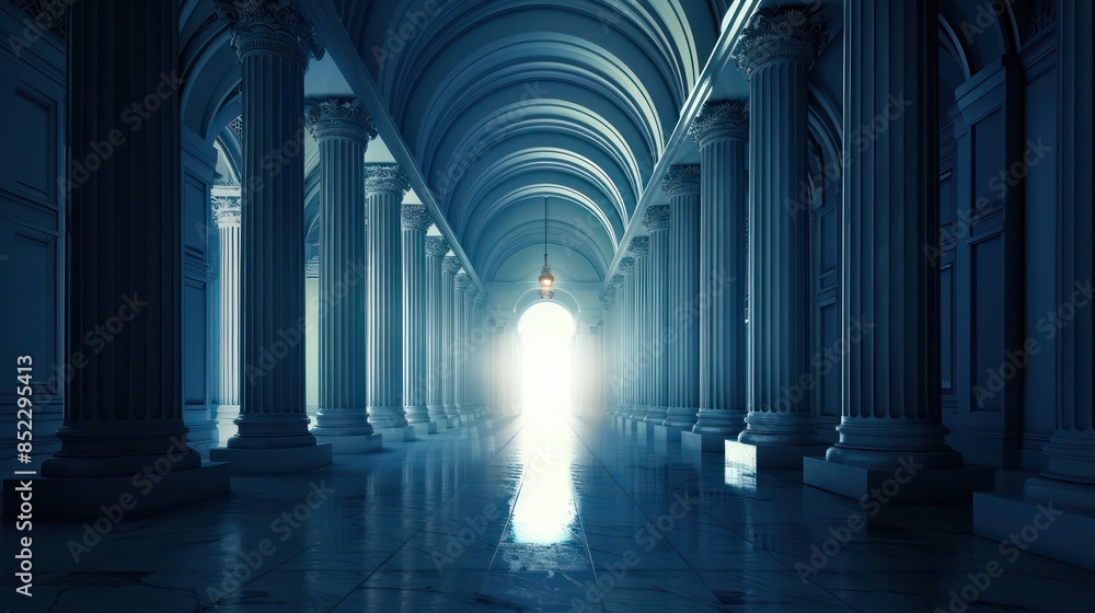 Fototapeta premium A grand hall with classical columns and a bright light source at the far end, giving a sense of mystery and grandeur