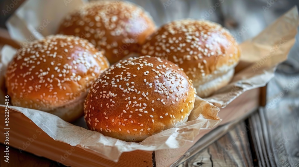 Appetizing sesame burger buns in a paper package on a wooden surface Appetizing sesame burger buns in a paper package on a wooden surface