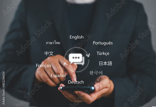 Tableau sur toile Translator app, language course and e-learning concept