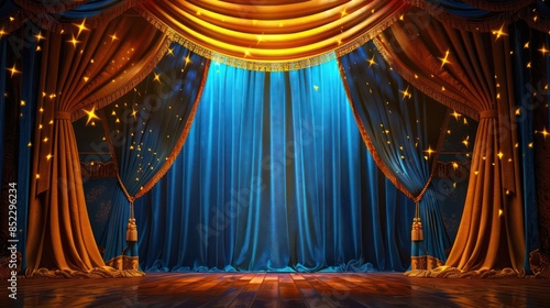 An opulent theater stage with closed blue velvet curtains, golden fringes, and sparkling lights, ready for a performance photo