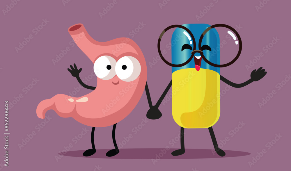 Happy Stomach Holding Hands with Treatment Pill Vector Cartoon. Pharmaceutical medication for gut health working in unity
Happy Stomach Holding Hands with Treatment Pill Vector Cartoon. Pharmaceutical medication for gut health working in unity
