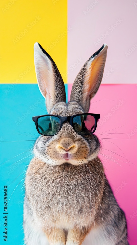 Fototapeta premium Cool bunny with sunglasses on colorful background