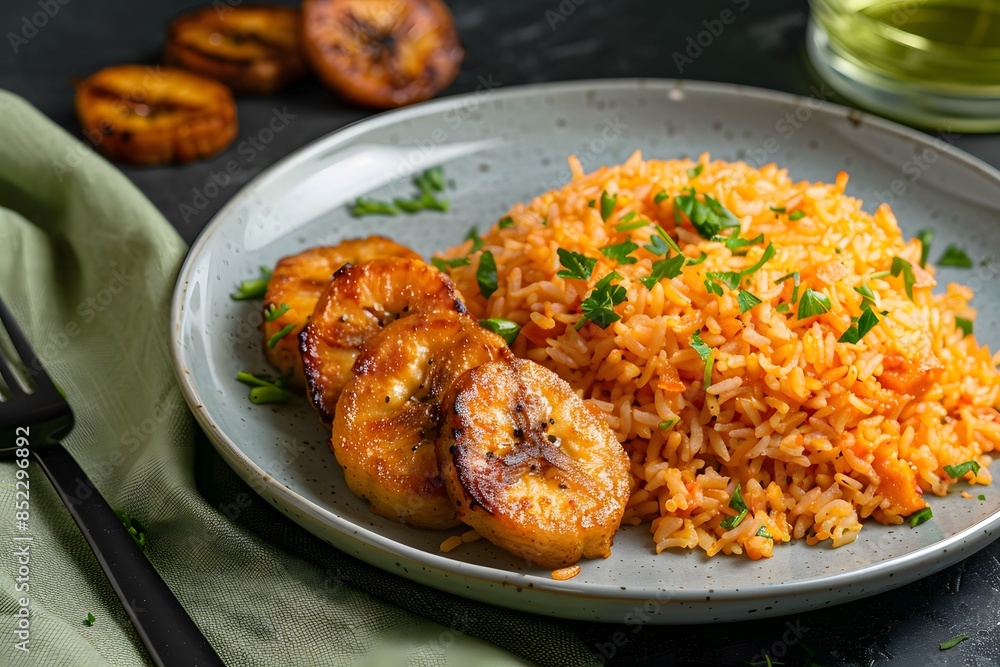 A plate of vibrant orange rice, sautéed in canola oil and served with golden brown fried plantains. The dish is set against an isolated dark background, A plate of vibrant orange rice, sautéed in canola oil and served with golden brown fried plantains. The dish is set against an isolated dark background,