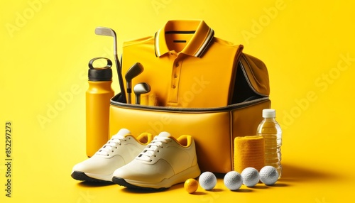 Comprehensive Golf Gear Set with Shoes and Equipment on Yellow Background