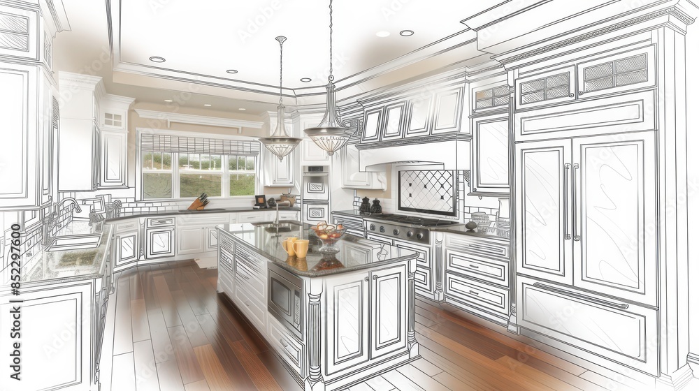 Modern Kitchen Design with 3D Rendering and Pencil Sketch Overlay Modern Kitchen Design with 3D Rendering and Pencil Sketch Overlay