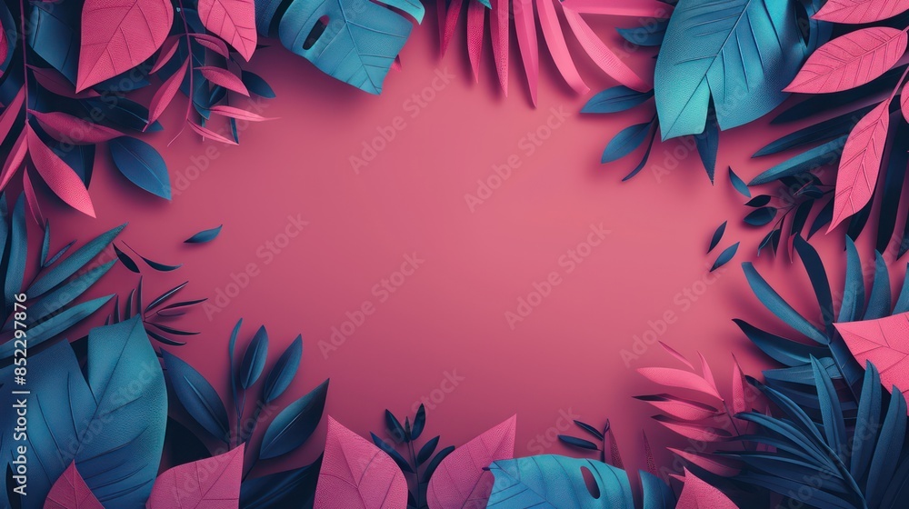 Vibrant paper cut tropical leaves in blue, purple, and pink hues, forming a frame on a pink background Vibrant paper cut tropical leaves in blue, purple, and pink hues, forming a frame on a pink background