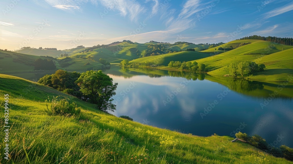Photo of a serene lake and rolling hills Photo of a serene lake and rolling hills