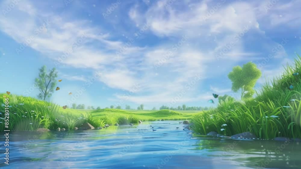 Beautiful fantasy summer natural scenery background animation with Japanese anime watercolor painting illustration style. seamless looping video animated background Beautiful fantasy summer natural scenery background animation with Japanese anime watercolor painting illustration style. seamless looping video animated background
