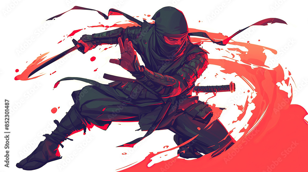 ninja with a katana in a dynamic pose on the red splash background ninja with a katana in a dynamic pose on the red splash background