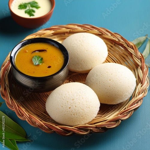 South indian food idli sambhar and coconut chutney photo