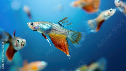 A vibrant guppy fish with orange tail and fins is swimming among other guppies in a bright blue aquatic environment photo