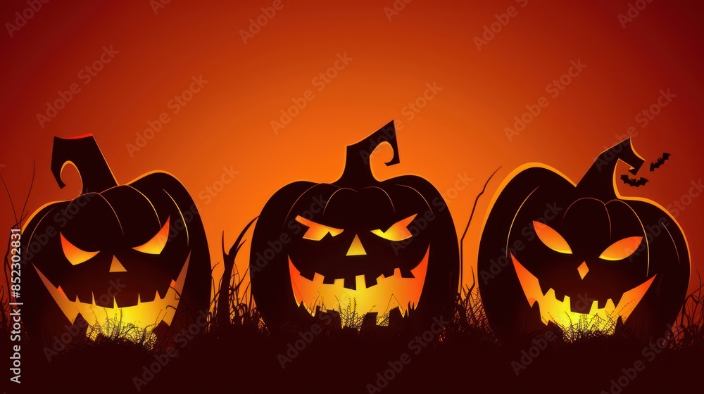 Three eerie jack-o'-lanterns with glowing faces against a fiery orange background, depicting a classic Halloween scene Three eerie jack-o'-lanterns with glowing faces against a fiery orange background, depicting a classic Halloween scene