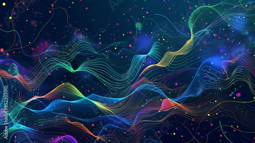 An abstract, dark blue background with colorful wave shapes resembling data visualization, featuring line and dot work in light green and magenta, evoking cosmic themes.