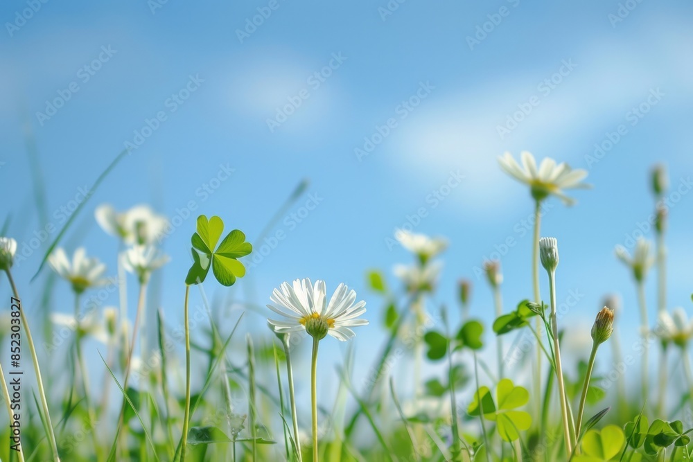 A field of white flowers with a blue sky in the background A field of white flowers with a blue sky in the background