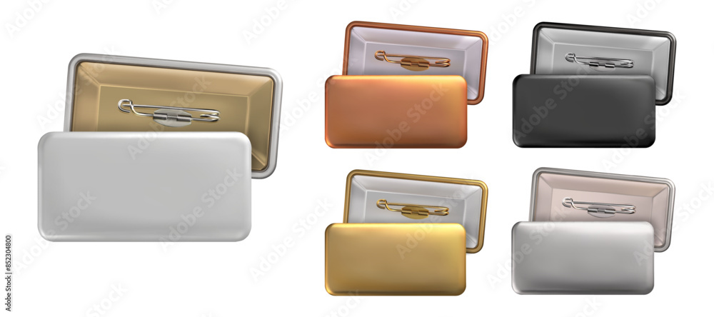 Rectangular Identification Pin Mockup Mock Up. Set rectangular badge pin brooch of white, black, gold, silver ...