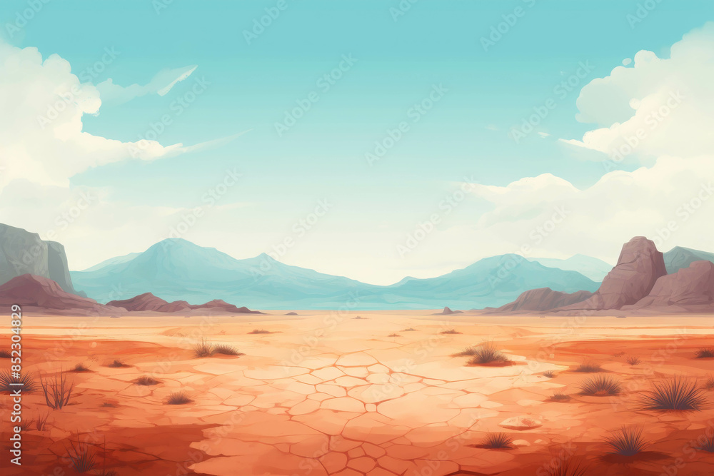 Naklejka premium Expansive Arid Desert with Cracked Earth and Distant Blue Mountains Under a Clear Sky