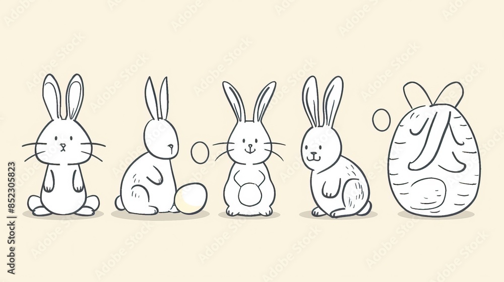 Fototapeta premium Easter bunny set in simple one line style