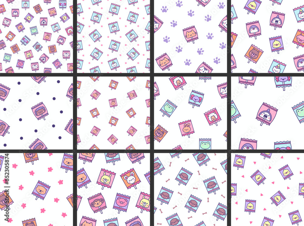 Cute lollypop with animal face. Seamless pattern. Cartoon sweet candies. Hand drawn style. Vector drawing. Collection of design ornaments. Cute lollypop with animal face. Seamless pattern. Cartoon sweet candies. Hand drawn style. Vector drawing. Collection of design ornaments.