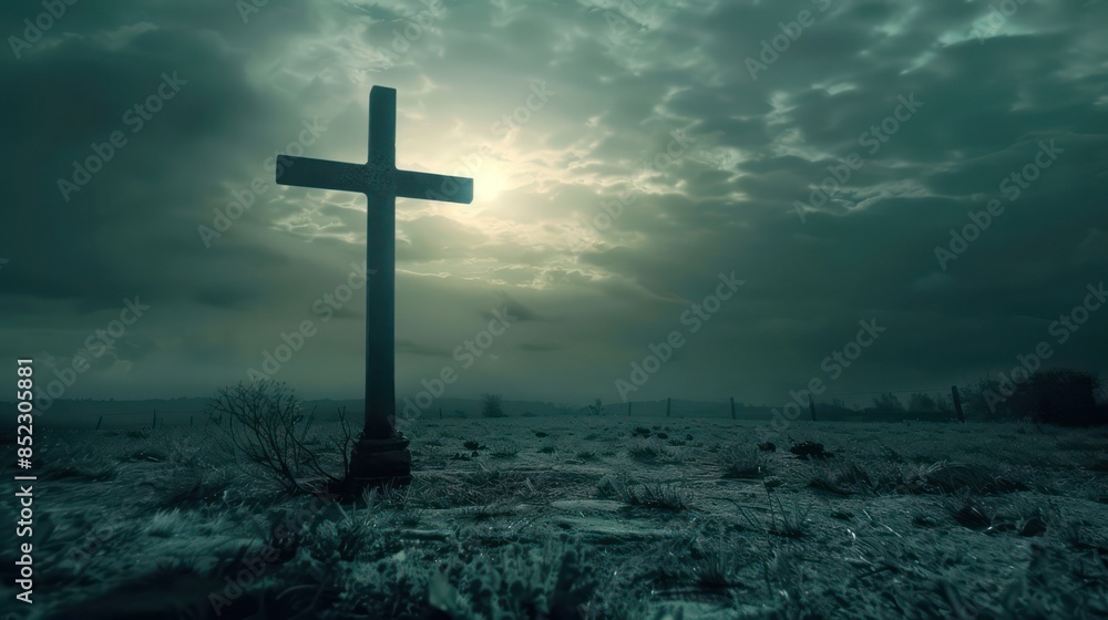 Naklejka premium An eerie, dark-toned image of a solitary cross silhouetted against a moody sky with brooding clouds and faint sunlight