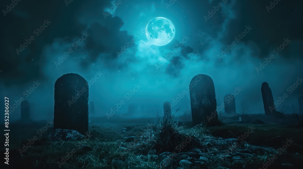 A chilling scene of a graveyard with tombstones under the light of a full moon, enveloped in a creepy blue nighttime fog A chilling scene of a graveyard with tombstones under the light of a full moon, enveloped in a creepy blue nighttime fog