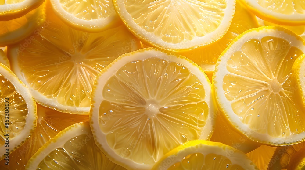 A closeup of lemon slices, showcasing their vibrant yellow color and delicate texture. showcases the bright hues and intricate details of each slice, as an appealing banner or wallpaper design. A closeup of lemon slices, showcasing their vibrant yellow color and delicate texture. showcases the bright hues and intricate details of each slice, as an appealing banner or wallpaper design.