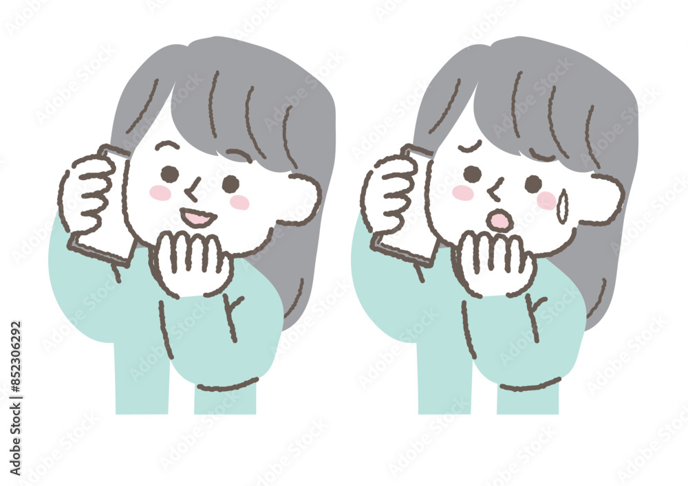 電話をして困っているオフィスカジュアルの女性と笑顔のオフィスカジュアルの女性のイラストセット 電話をして困っているオフィスカジュアルの女性と笑顔のオフィスカジュアルの女性のイラストセット