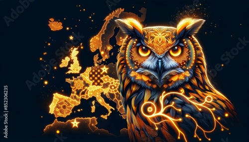 A glowing patterned owl with intricate luminous designs, integrated into the map of Europe.