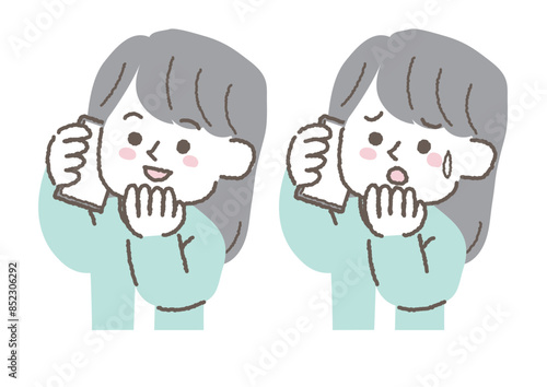 電話をして困っているオフィスカジュアルの女性と笑顔のオフィスカジュアルの女性のイラストセット