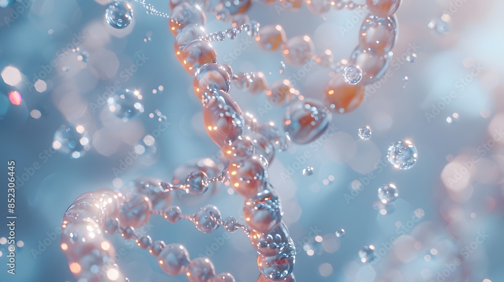 A closeup of the double helix structure in DNA, with each strand and spheres clearly visible against a soft blue background. A closeup of the double helix structure in DNA, with each strand and spheres clearly visible against a soft blue background.