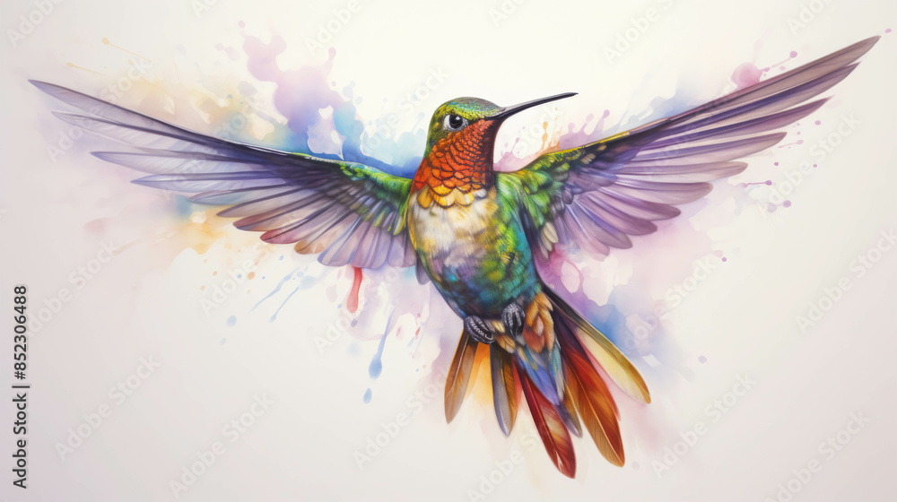 Obraz premium Vibrant Hummingbird in Flight with Multicolored Watercolor Splash Background
