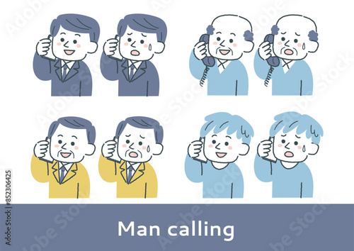 電話をして困っている男性と笑顔の男性のイラストセット