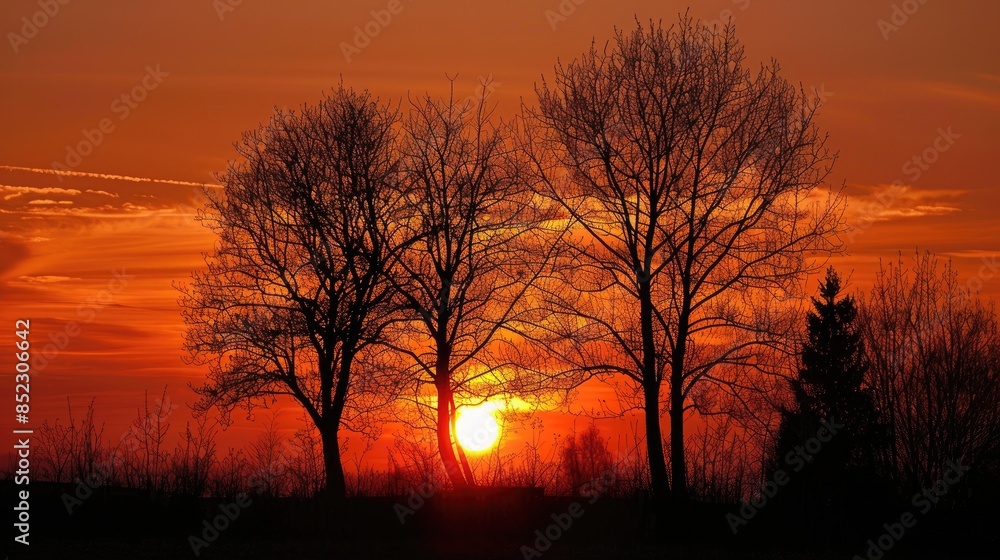 Trees silhouetted by the setting sun Trees silhouetted by the setting sun