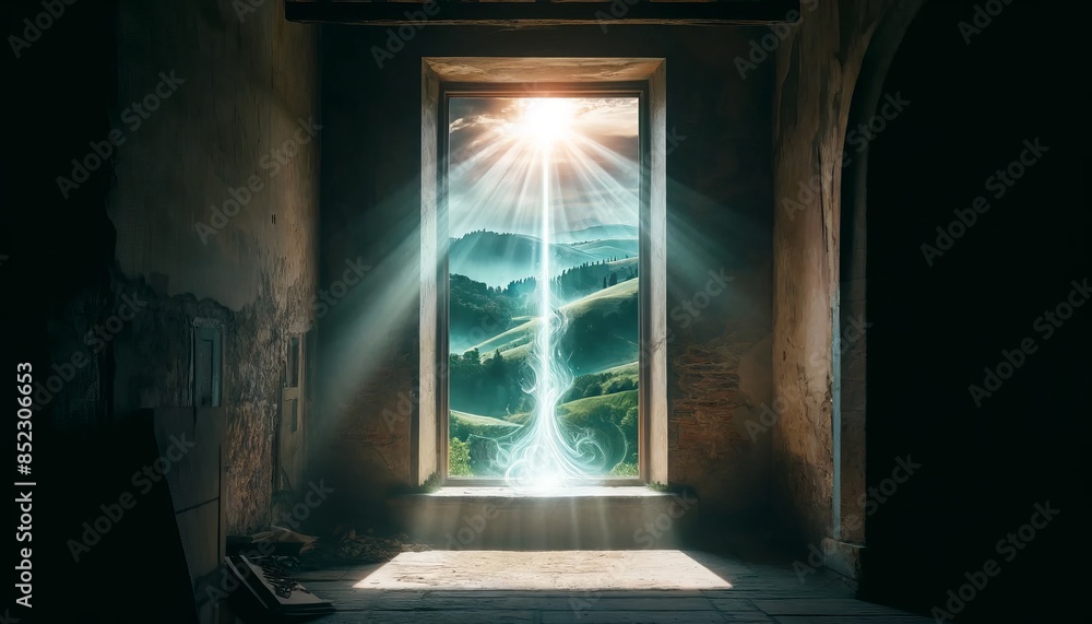 A close-up view of a window frame in a ruined building with a mysterious, ethereal light beam coming through the window. A close-up view of a window frame in a ruined building with a mysterious, ethereal light beam coming through the window.