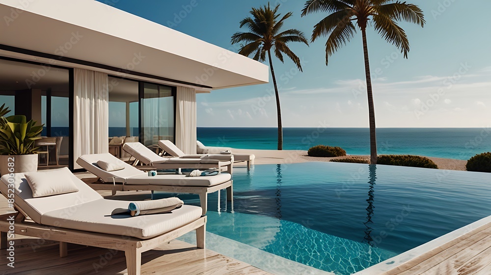 Fototapeta premium Luxury Villa Pool With Ocean View On A Sunny Day