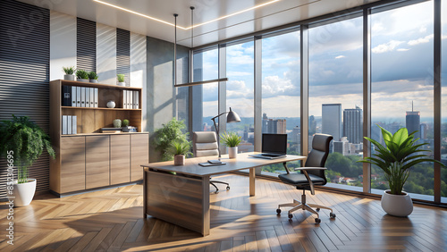 Modern office room interior design with workspace near panoramic window