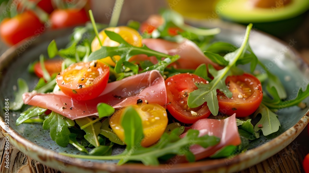 A colorful salad with arugula, cherry tomatoes and slices of prosciutto on top. The plate is placed on an old wooden table with some avocado in the background. A colorful salad with arugula, cherry tomatoes and slices of prosciutto on top. The plate is placed on an old wooden table with some avocado in the background.