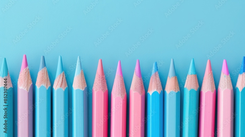 Blue and Pink Pencils on Pale Blue Backdrop Blue and Pink Pencils on Pale Blue Backdrop
