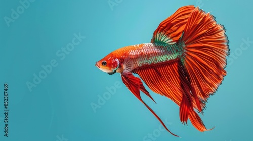 A stunning image capturing the vibrant colors and delicate fins of a betta fish against a serene blue background photo