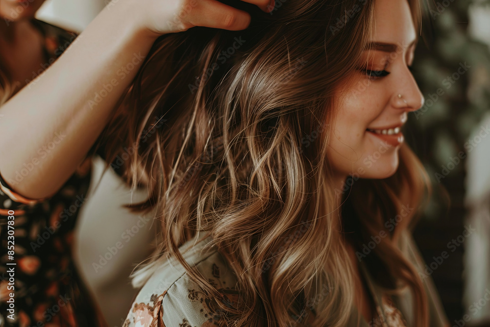 Fototapeta premium Hairstylist skillfully combing and styling a woman's hair, providing professional beauty services to enhance her appearance