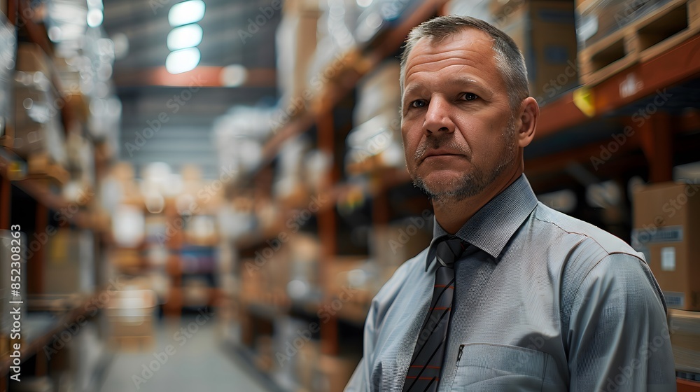 Fototapeta premium A middle-aged businessman in a shirt and tie stands at the warehouse, looking into the camera.
