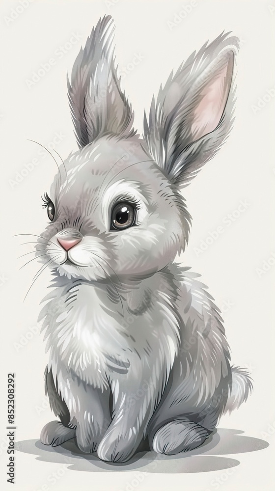 Obraz premium Funny bunny or baby rabbit fur gray with long ears is standing