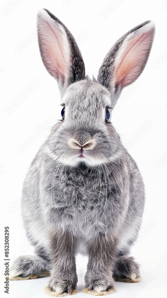Fototapeta premium Funny bunny or baby rabbit fur gray with long ears is standing