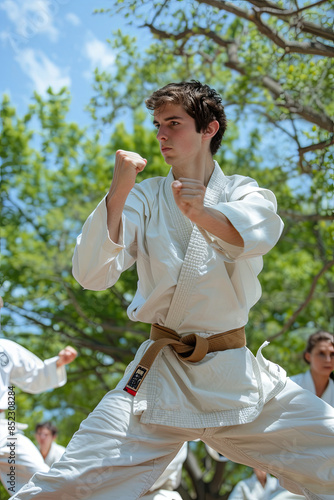 Karate, a striking martial art featuring techniques such as punching, kicking, knee strikes, elbow strikes, and open hand maneuvers photo