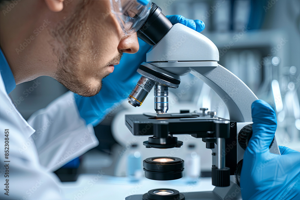 Scientist or doctor conducting health research in a laboratory, using a microscope to examine samples and make groundbreaking discoveries Scientist or doctor conducting health research in a laboratory, using a microscope to examine samples and make groundbreaking discoveries