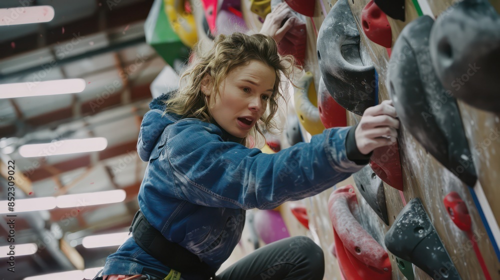 Fototapeta premium A focused woman with a surprised expression is climbing on an indoor climbing wall, reaching for a hold, with colorful holds in the background