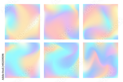 Unicorn pastel gradients. Set of vector holographic square backgrounds. Iridescent rainbow color fairytale holograms. Pearlescent unicorn fantasy gradients. Blurred holo autistic spectrum backdrops