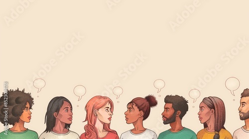 Illustration of a diverse group of seven people in profile, each with a speech bubble above their head indicating conversation or thought photo