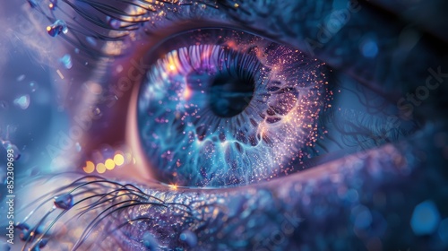 eye macro photography, glowing purple alien cosmos eyes, blues and purples, avatar animated style