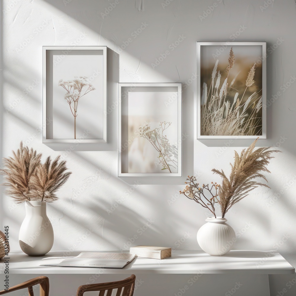 Bright Close-Up Wall Art Mockup: Three Small Picture Frames on White Wall - Detailed and Vivid Display Bright Close-Up Wall Art Mockup: Three Small Picture Frames on White Wall - Detailed and Vivid Display